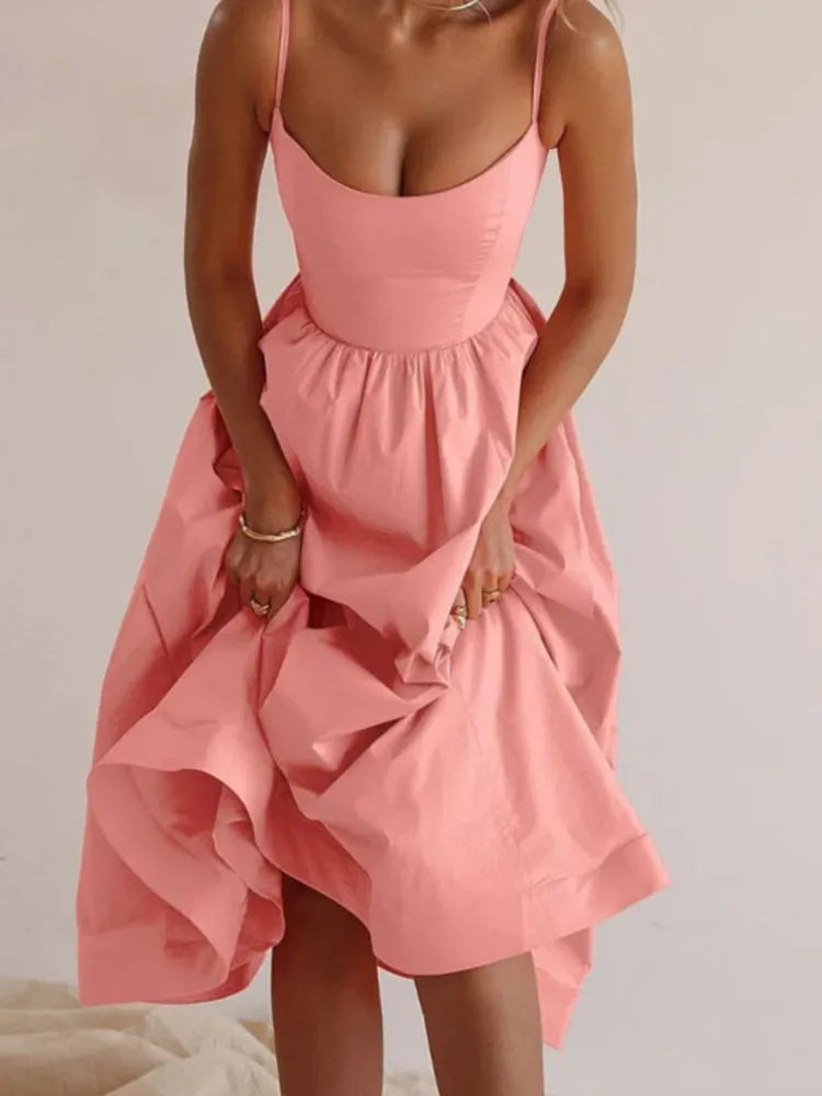 Summer U-neck Casual Female Vintage Elegant  Spaghetti Strap Dress Women Elegant Solid Sleeveless A-line Midi Women's Dresses