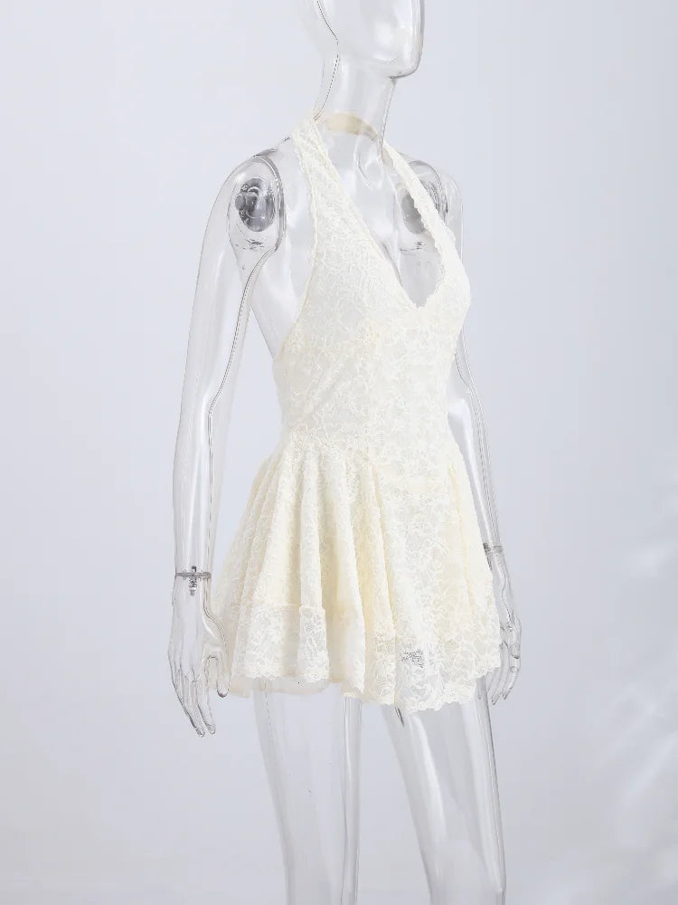 Hot Sweetheart Deep V Neck Halter Short Dress Lace Backless Waist Cinched Slim Vestidos 2026 Summer Beach Vacation Date Dresses