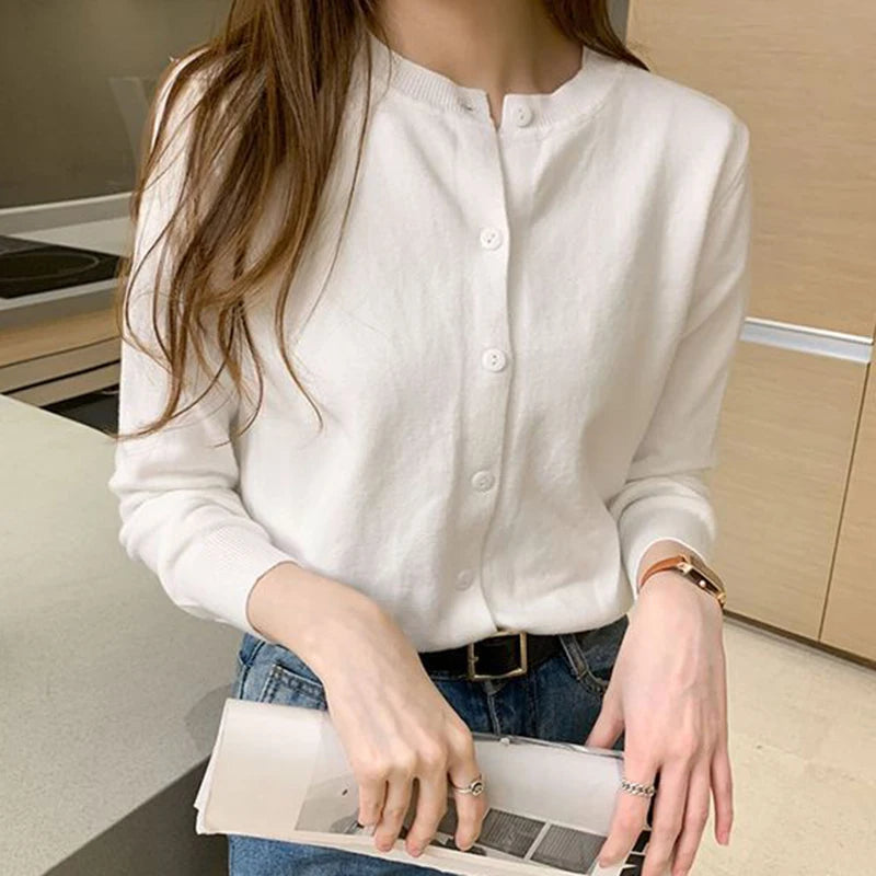 Rimocy Knitted Cardigan Jacket Women 2025 Spring Autumn Round Neck Casual Cardigans Woman Solid Color Slim Korean Jumpers Female