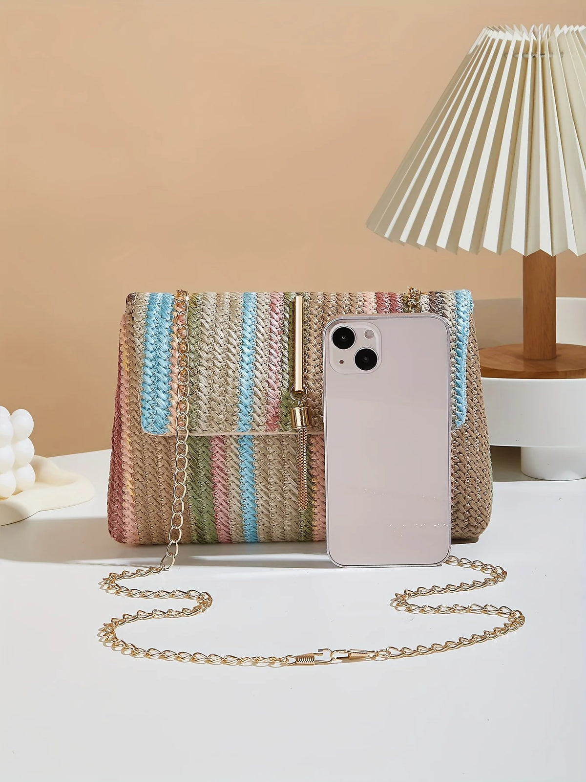 Chic Rainbow Stripe Straw Crossbody Bag for Women Adjustable Shoulder Strap Magnetic Closure Tassel Accent, Fashion Square Purse