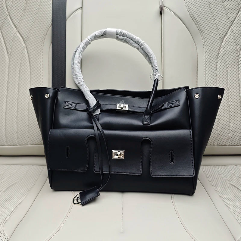 High-quality Soft PU Leather Brand Tote Bag, Lock Design Large-capacity Storage Handbag, Women Commuter Shoulder Bag For Daily