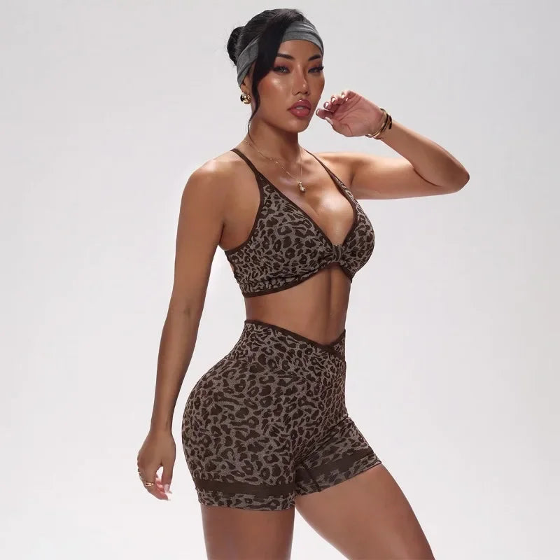 Women Seamless Leopard Print Yoga Outfit Cross Back Sports Bra and Biker Shorts 2 Piece Set Gym Workout Fitness Active Wear