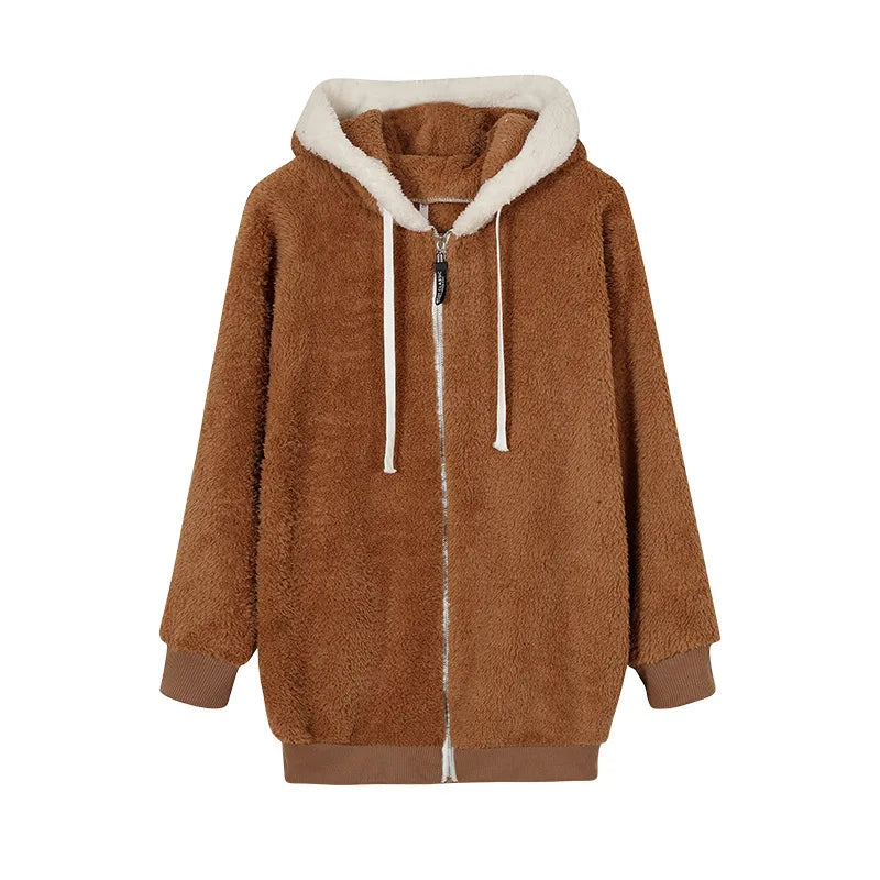 New Style Winter Fashion Women's Coat Casual Hooded Zipper Ladies Clothes Cashmere Women Fleece Jacket Solid Color Ladies Coats