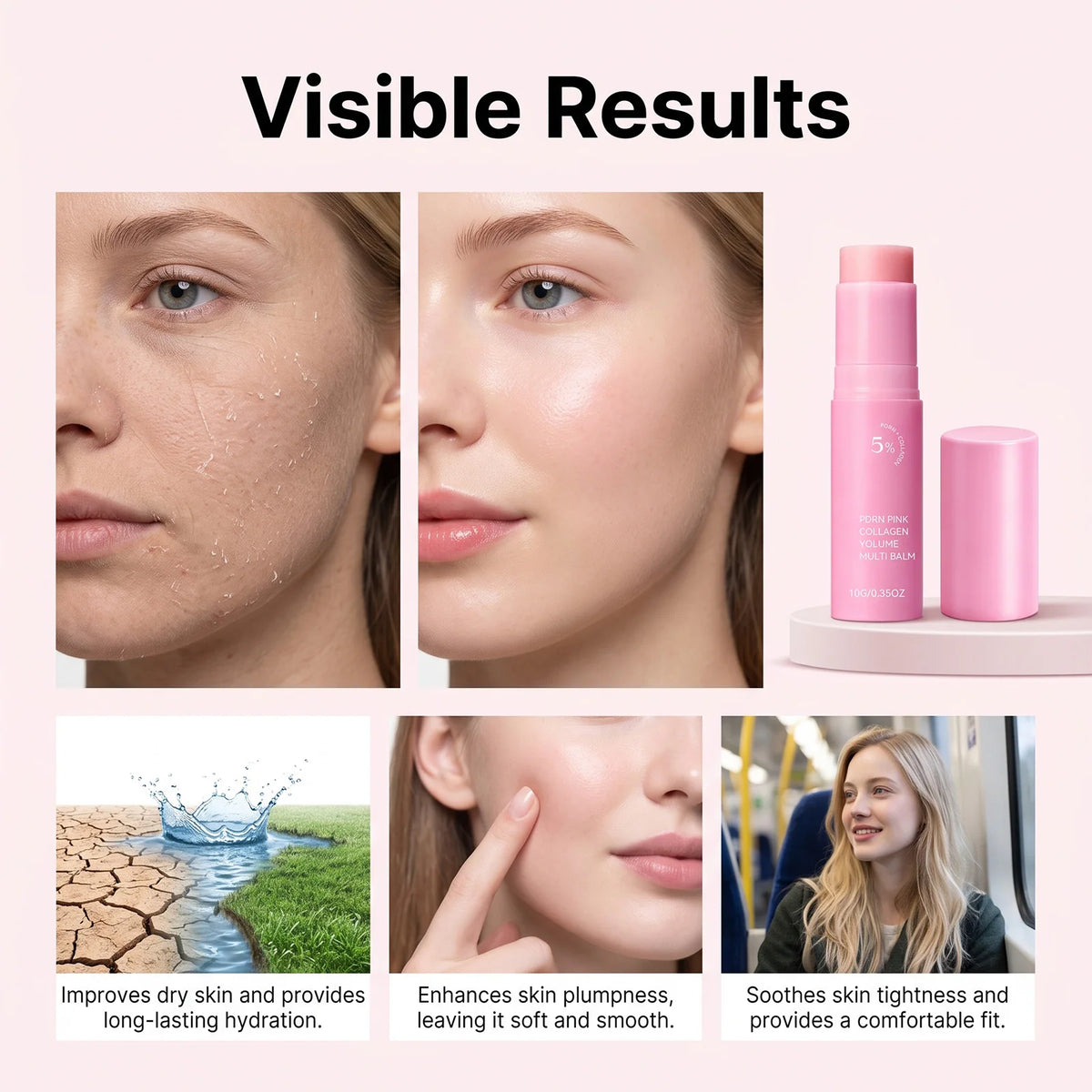 PDRN Pink Collagen Volume Multi Balm Stick Plumping Revitalize Skin Brighten Smooth Fine Lines for Face,Neck,Under Eyes,Lip Care