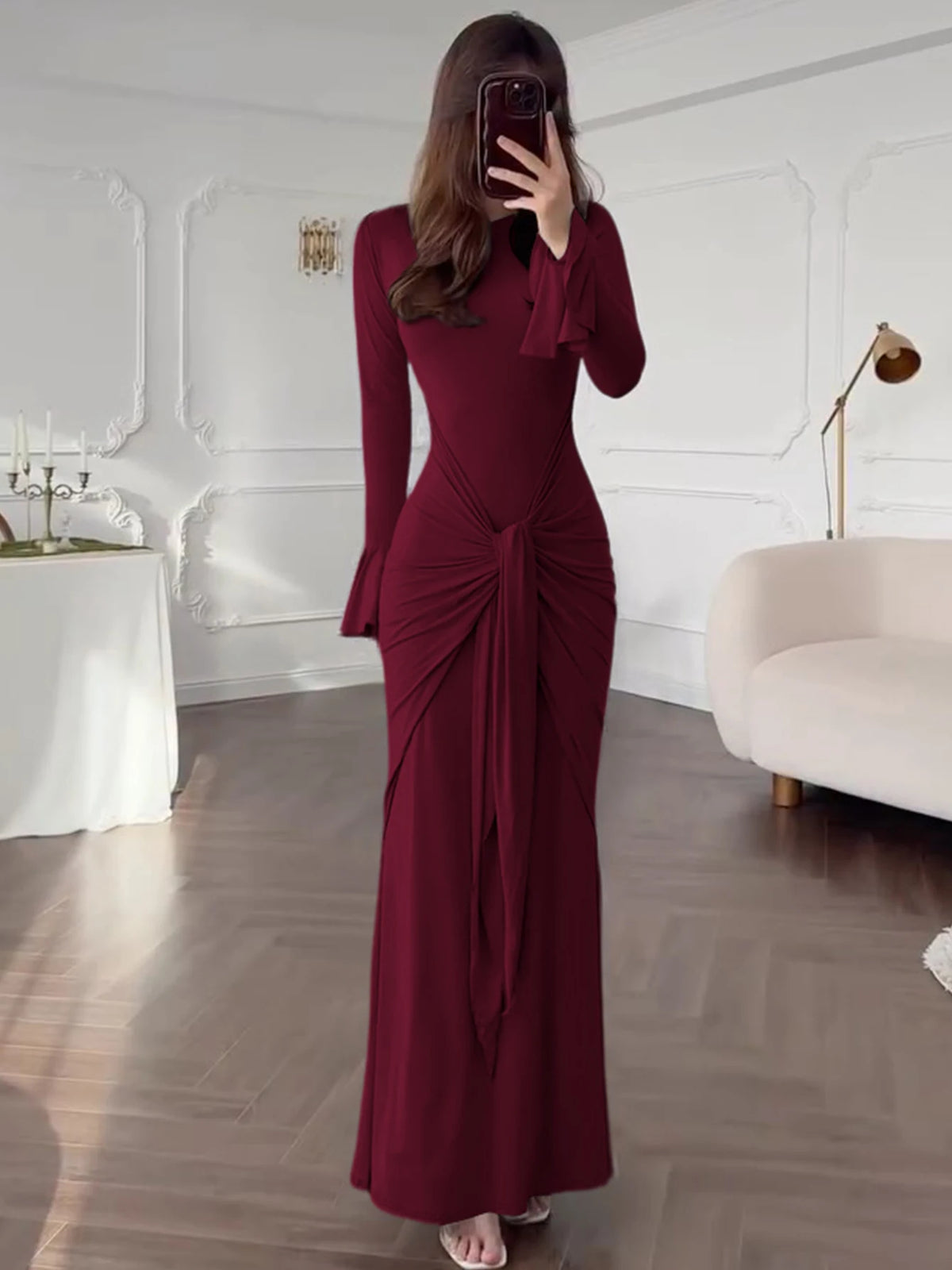 Dulzura O-Neck Long Flare Sleeve Ruched Lace Up Slim Long Dress Women'S Fashion Elegant Clothes Party Club Street Autumn Outfit