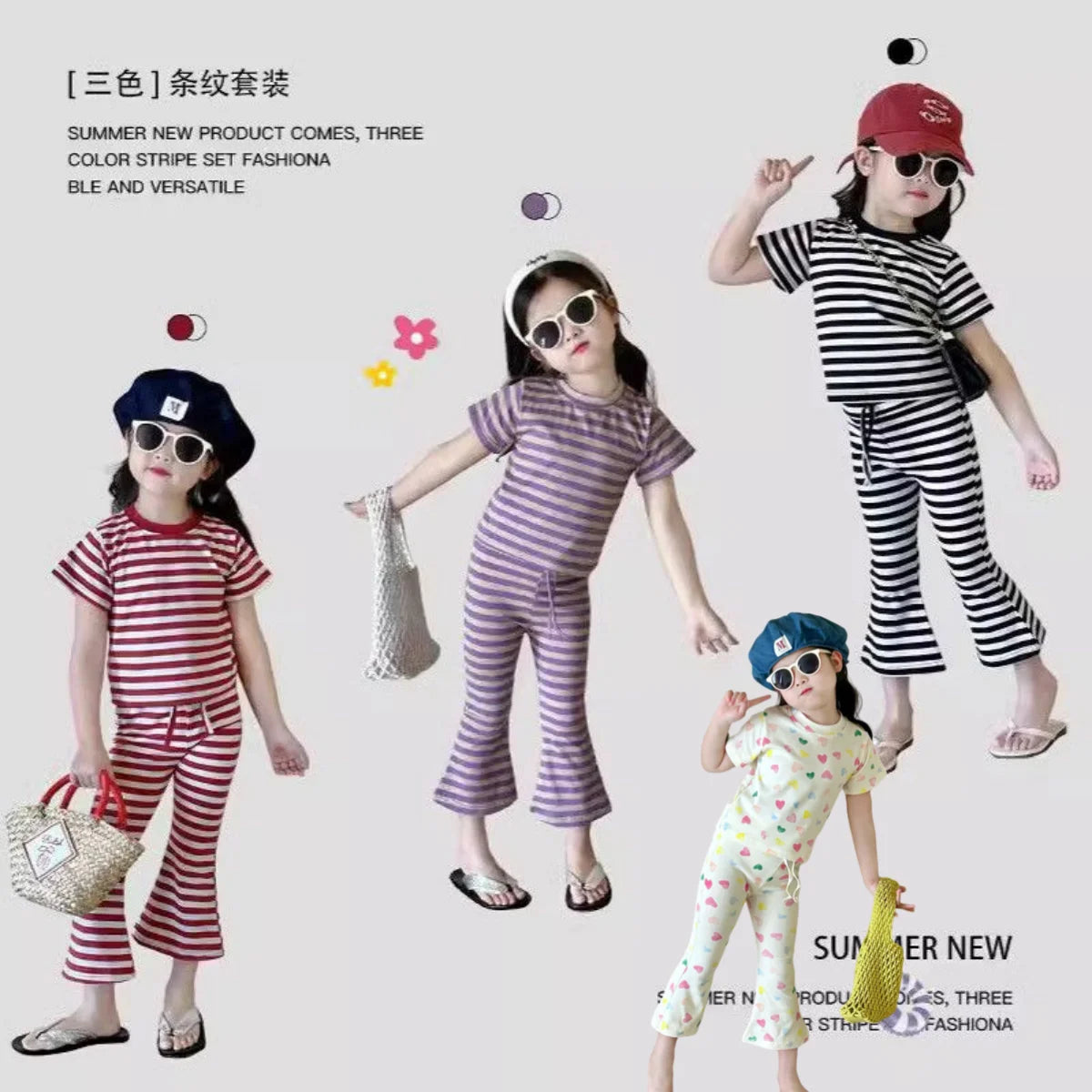 Girls' Short-Sleeved T-Shirt 2025 New Summer Clothing for Small and Medium-Sized Children, Baby Children's Clothing Tops, Striped Suit, Casual Two-Piece Set