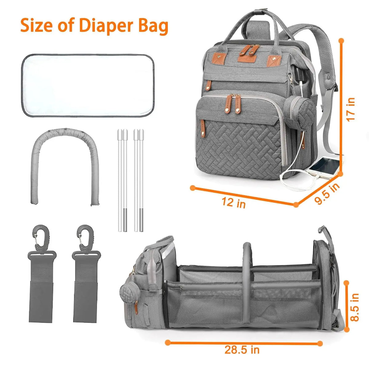Diaper Bag Waterproof Diaper Bag Backpack Moms Dads With USB Charging Port Baby Shower Gifts Large Capacity Diaper Backpack Grey