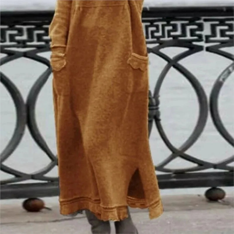 Women's Maxi Dress Autumn Winter Fashion New Style Elegant Loose Long Sleeve Hoodie Retro Casual Thick Warm Dresses For Women
