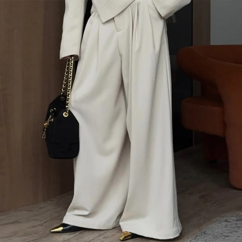 Elegant Irregular Women's Blazer Trouser Suits Single Button Lapel Full Sleeve Wide Leg Pants Lady Set 2026 2 Pieces Set Women