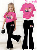 Girls' Summer Short-Sleeved Casual Outfit with Anime Character Print, Regular Short-Sleeved Top and Flared Pants Two-Piece Set, Suitable for Girls Aged 4-12, Versatile Clothing for Home and Outings