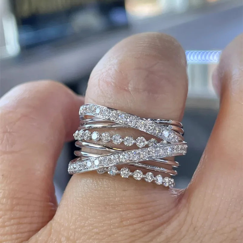 Huitan Luxury Women Rings Full Paved Sparkling Cubic Zirconia Fashion Cross Rings Silver Color Female Rings for Party Jewelry