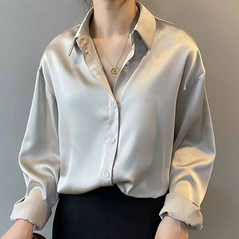 Fall Turn-down Collar Elegant Satin Loose Women Shirt 2026 Plus Size Blouse Autumn Vintage Casual Button Silk Tops