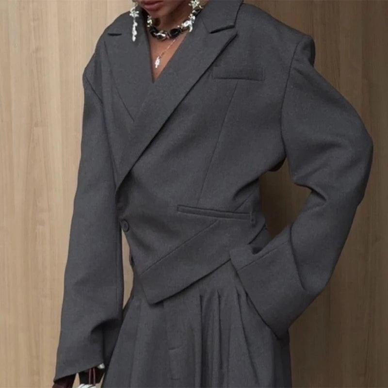 Elegant Irregular Women's Blazer Trouser Suits Single Button Lapel Full Sleeve Wide Leg Pants Lady Set 2026 2 Pieces Set Women