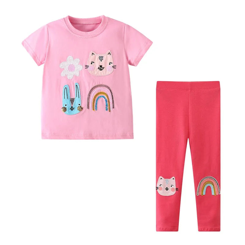 Jumping Meters Unicorn Girls Tshirts + Leggings Short Sleeve Children's Clothing Sets For Summer 2 Pcs Suit Kids Outfits Sets