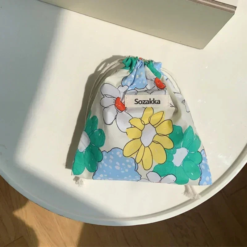 Kawaii Cloth Floral Drawstring Storage Bag Cosmetic Organizer for Women Makeup Handbags Wallet Small Pouch