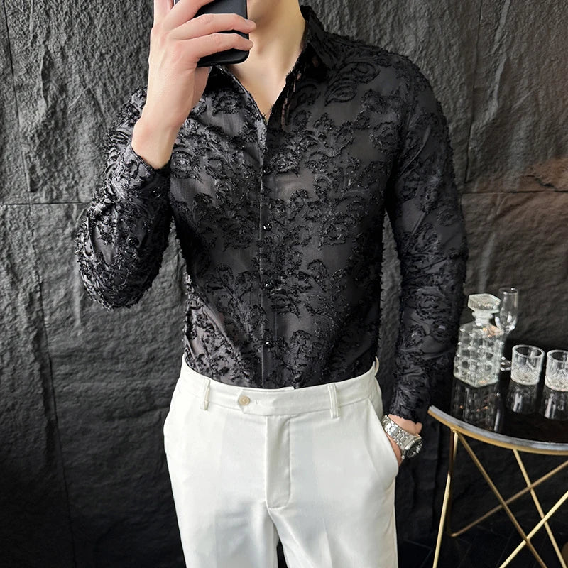 Tassels Shirts For Men Korean New Autumn Winter Long Sleeve Men's Social Shirt Slim Fit All Match Plain Color Blouse Homme 4XL-M