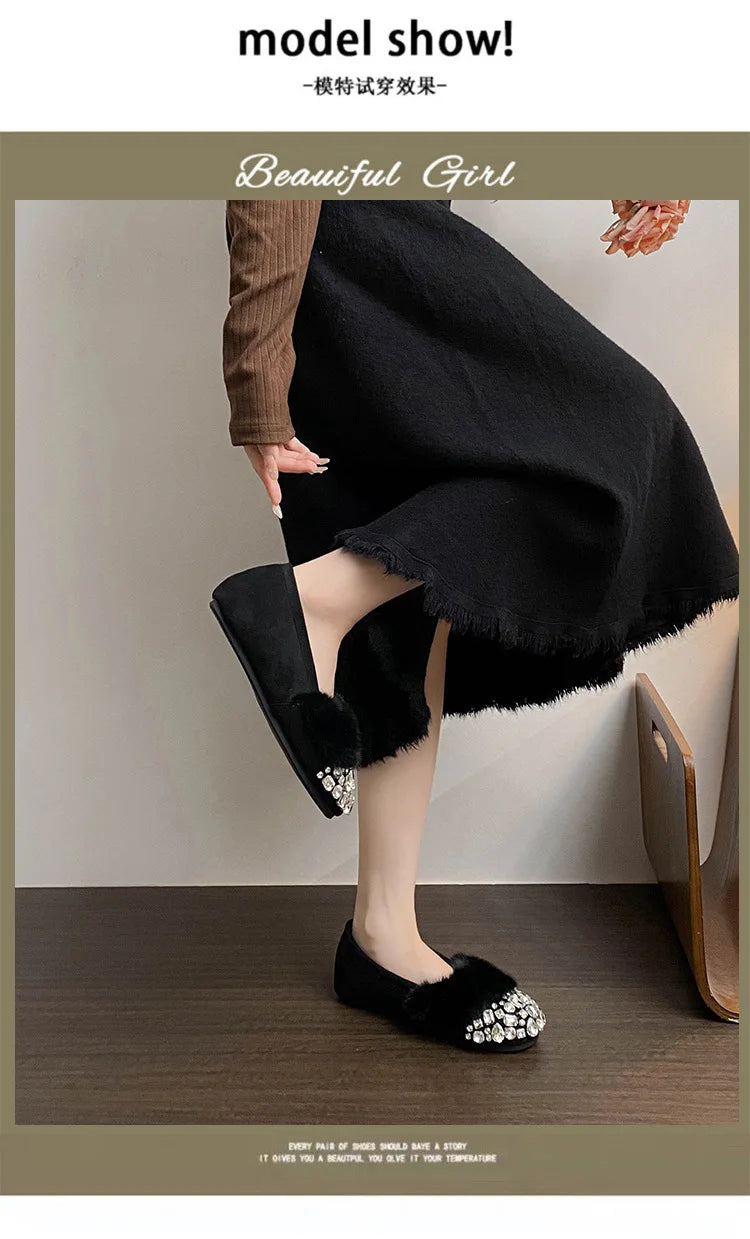 Luxury Glitter Rhinestone Ladies Plush Flat Shoes Female Cozy Crystal Decorate Loafers Winter Warm Walking Driving Shoes Casual