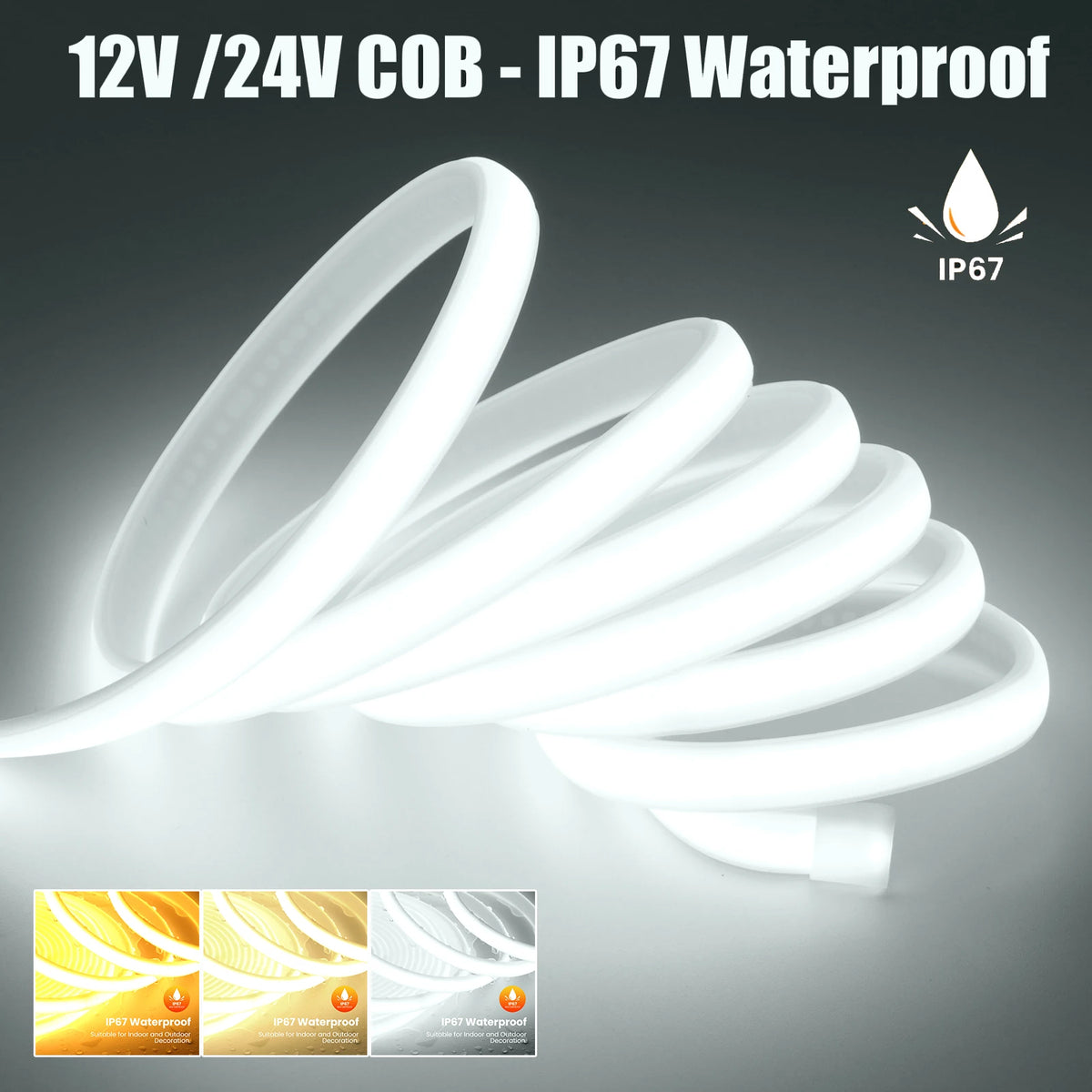 DC12V 24V COB Strip With 2PIN /DC Cable IP67 Waterproof Outdoor Home Decor Flexible Ribbon Rope LED Neon Light 3000K 4000K 6000K