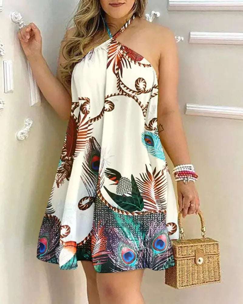 Summer Women Tropical Plant Print Halter Backless Mini Dress Loose Flowy A Line Beach Sundress Holiday Casual Short Dress