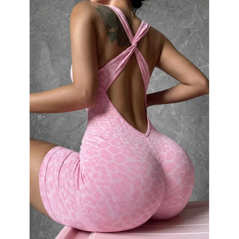 New Leopard Seamless Fitness Bodysuit Shorts Women Cross Strap High Stretch Yoga Jumpsuit Workout Fashion Butt Liftting Bodysuit
