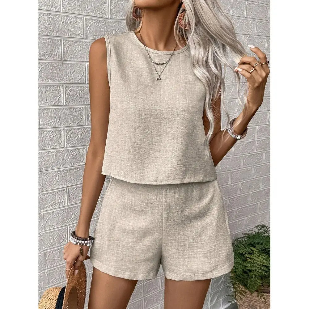 Fashion Solid Color Vest Shorts Set Simple Design Multi-size Casual Outfit Set Sleeveless Top Set Casual Wear