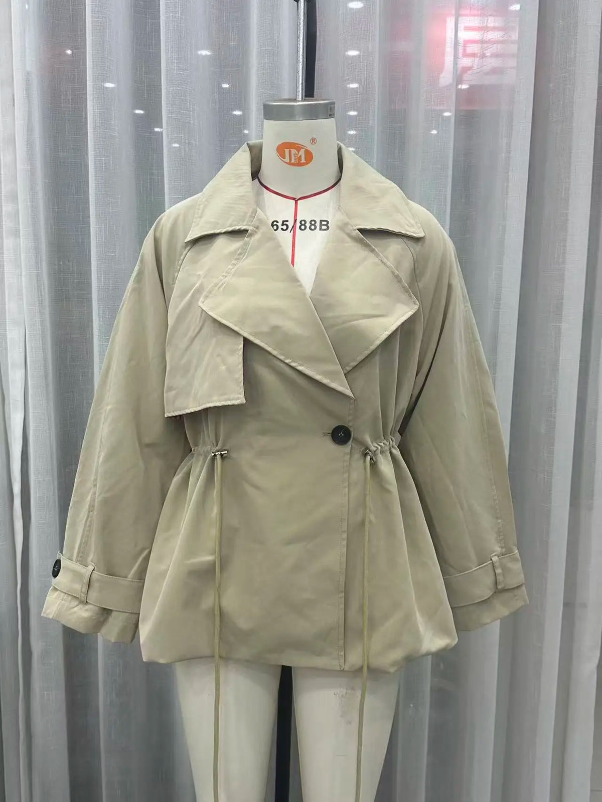 Women's Khaki Short Trench Coat Chic Lapel Collar Single Button Drawstring Waist Adjustable Oversized Jacket Commuting Outerwear