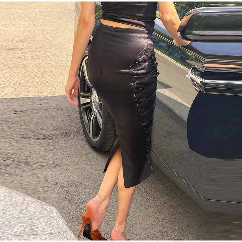 Women's Midi Skirt High Waist Side Lace‑Up Midi Skirt Bodycon Tie Adjust Hip Fitted Skirt City Date Going Out 2026 New For Women