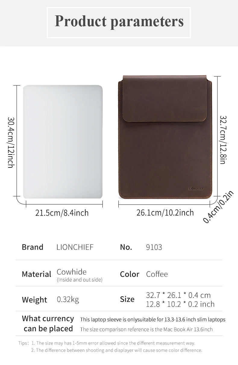 Laptop Sleeve Genuine Leather Slim Tablet Protective Cover for 15/15.6 Inch MacBook Air/Pro
