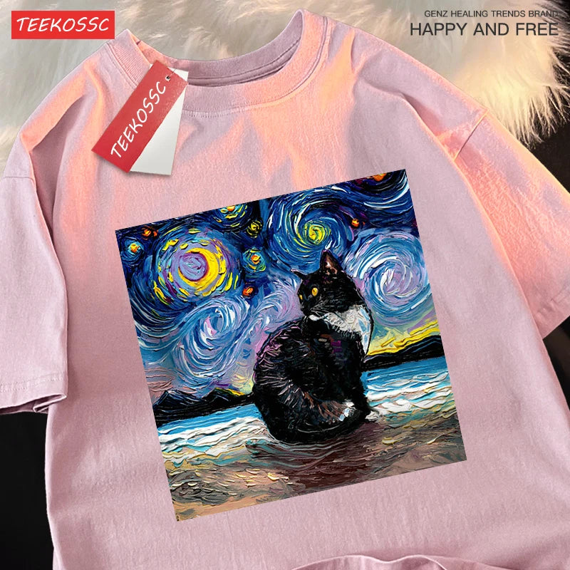 Oil Painting Starry Sky Cat Tshirts Men Women Oversized Cotton Clothing Fashion Summer T-Shirt High Quality Brand Loose Shirts