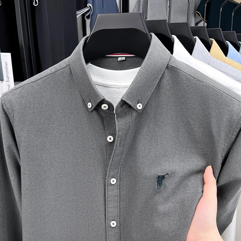 High End 100% Pure Cotton Long Sleeved Men's 2026 Spring Fashion Solid Color Business Casual Small Horse Logo Shirt