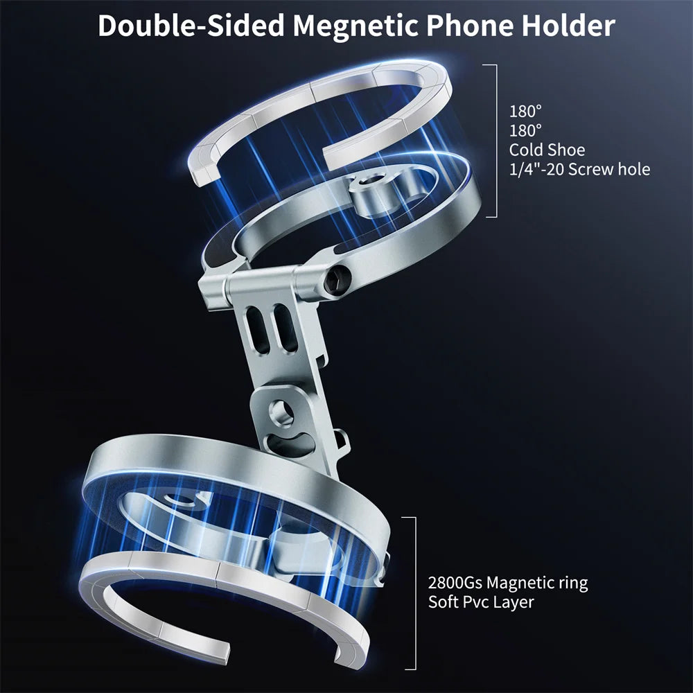 Dual-Sided Magnetic Phone Holder w Cold Shoe 1/4"-20 Gym Car Holder Phone Stand For MagSafe iPhone 17 16 15 14 13 Android Tripod