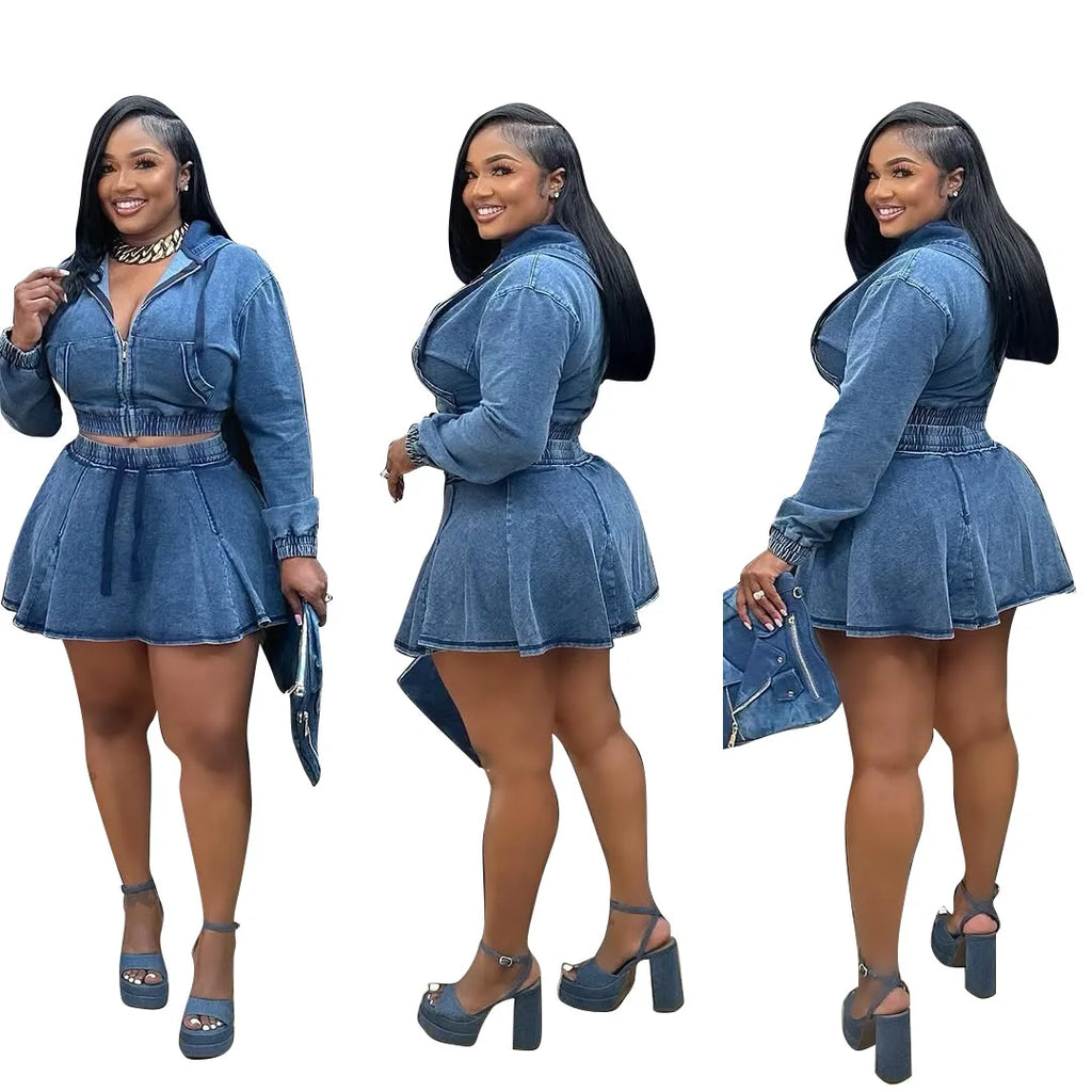 New TS1325 Women's Casual Washed Denim Short Skirt Set Fashionable Autumn Season Leisure Style Unisex Work Uniform Student Sc...