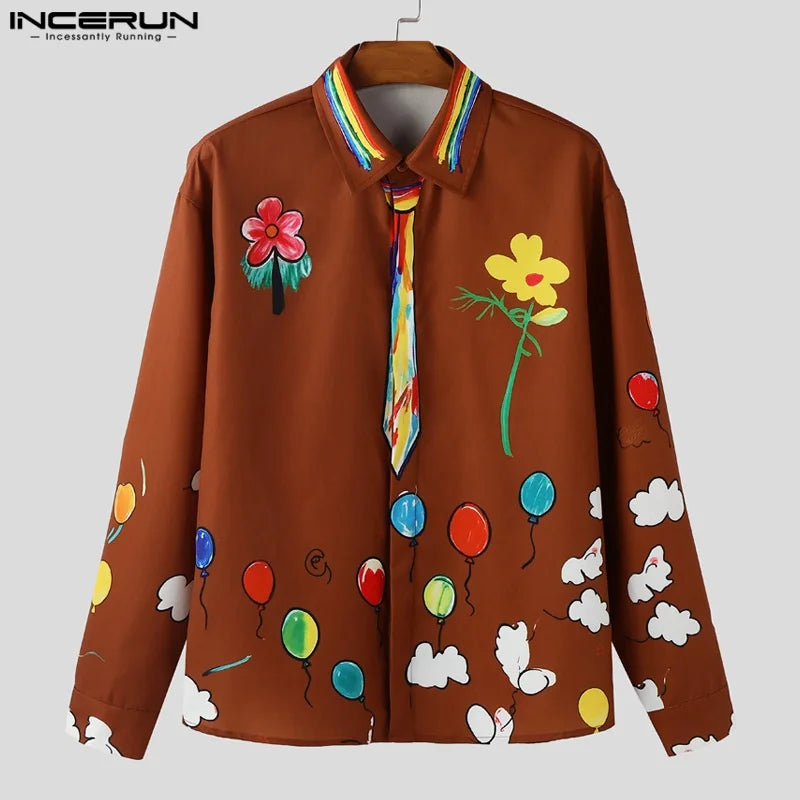 INCERUN Men Shirt Printing Lapel Long Sleeve Loose Men Clothing Streetwear Vacation 2026 Fashion Casual Tops Male Shirts S-5XL