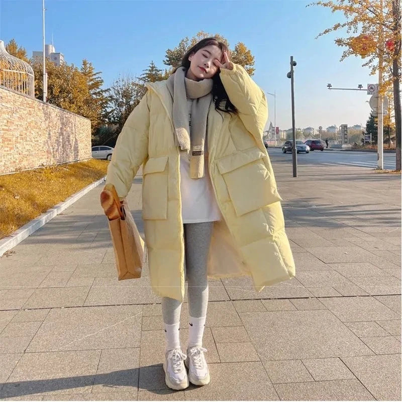 2024 New Korean Women's Jacket Winter Parkas Loose Hooded Cotton Padded Female Long Down Jacket Thicken Oversize Puffer Coats