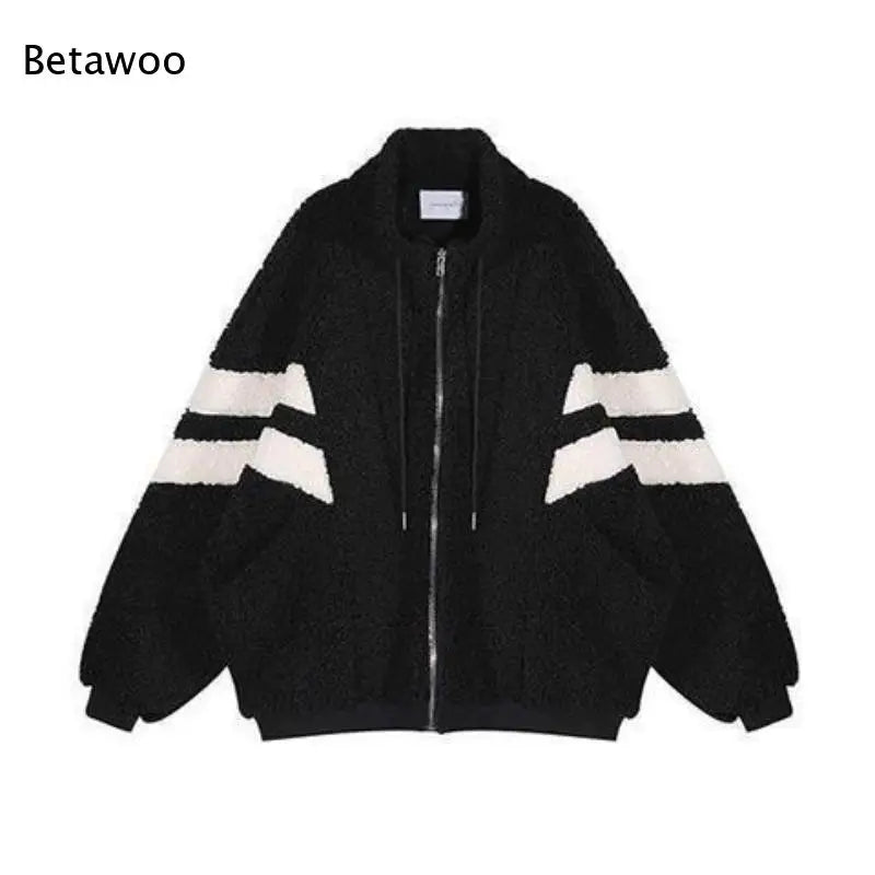 Women Causal Color Block Fleece Jacket Drawstring Zip Up Loose Contrast Striped Warm Winter Coat for Daily