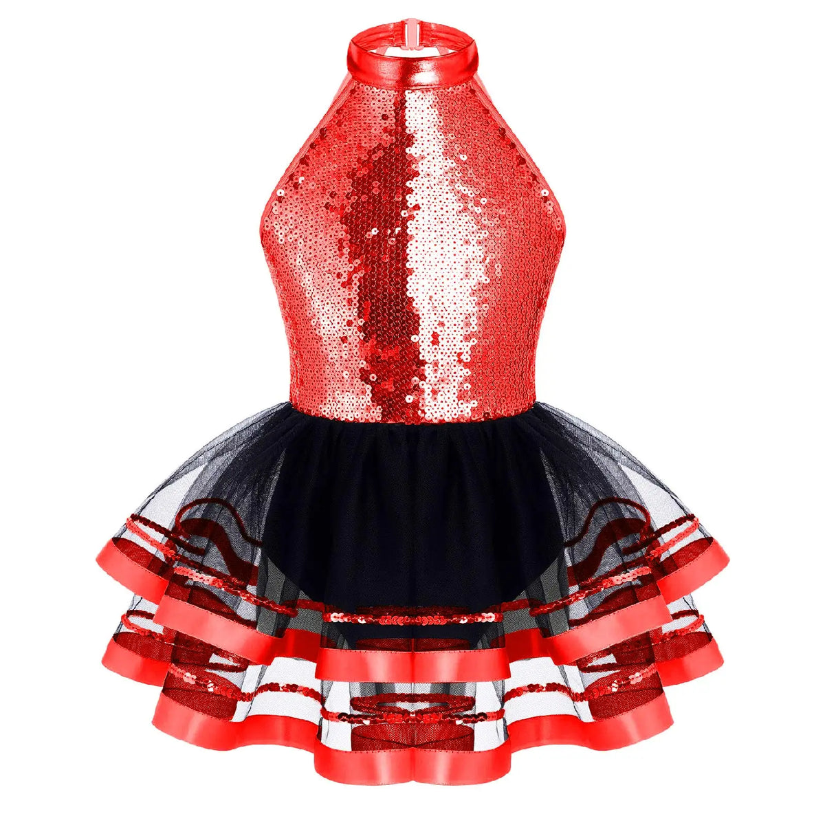 Jazz Dance Costume Kids Halter Shiny Sequins Gymnastics Unitards Dress Girls Ballet Leotard Tutu Stage Performance Clothing