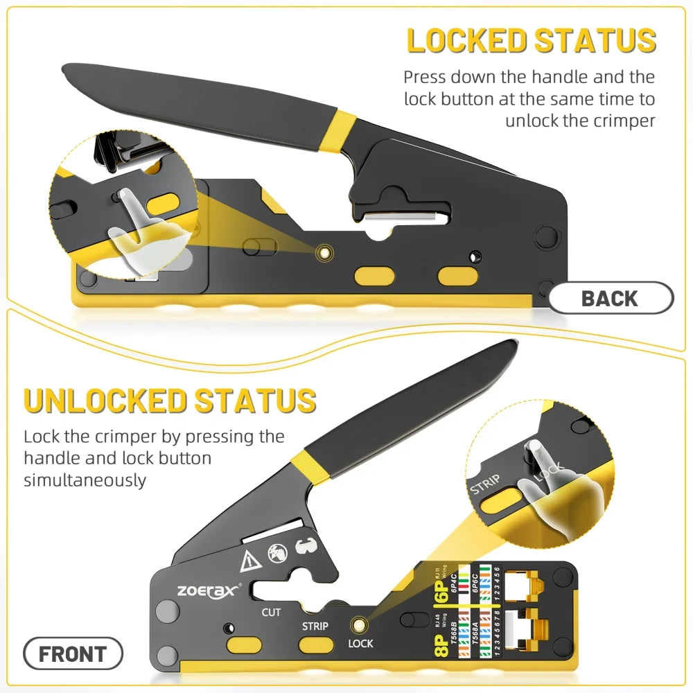 ZoeRax RJ45 Crimping Tool Pass Through Crimper for Cat6/5e/5 Ethernet Connector All-in-one Wire Tool With Replacement Blade