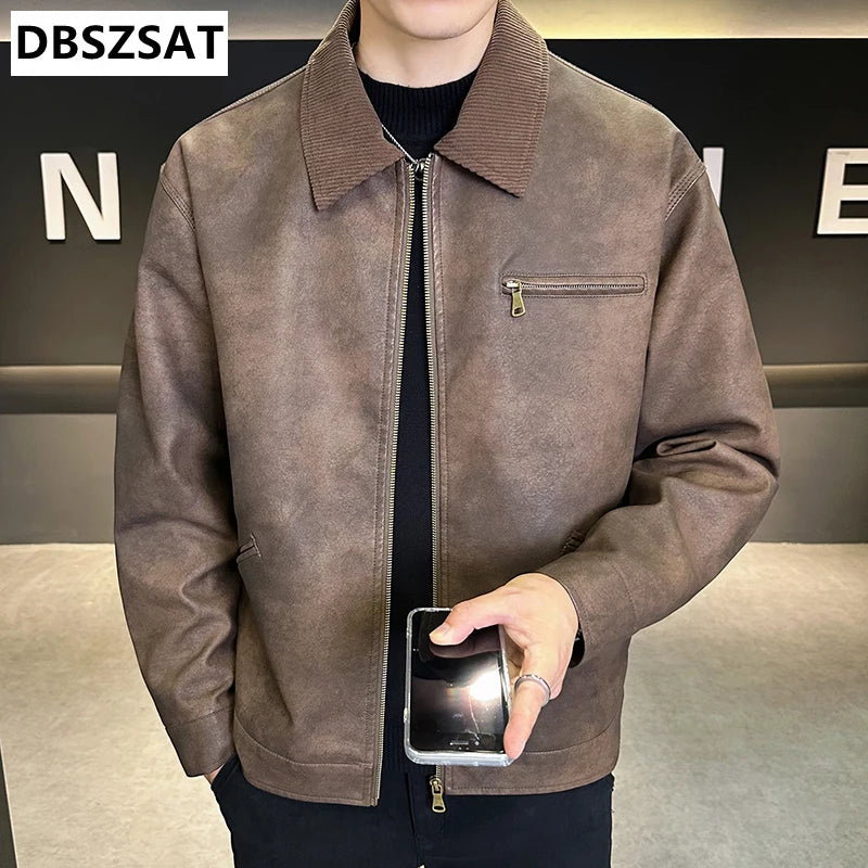 2029  Motorbiker Jacket Men's American Autumn Winter Hip-hop PU Leather Jackets Men Streetwear Racing Motorcycle Wear