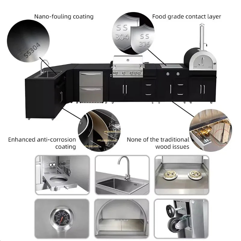 Luxury Outdoor Kitchen Island Set with Built-in Gas BBQ Grill, Pizza Oven & Storage Drawers Prefabricated Patio Cooking Station
