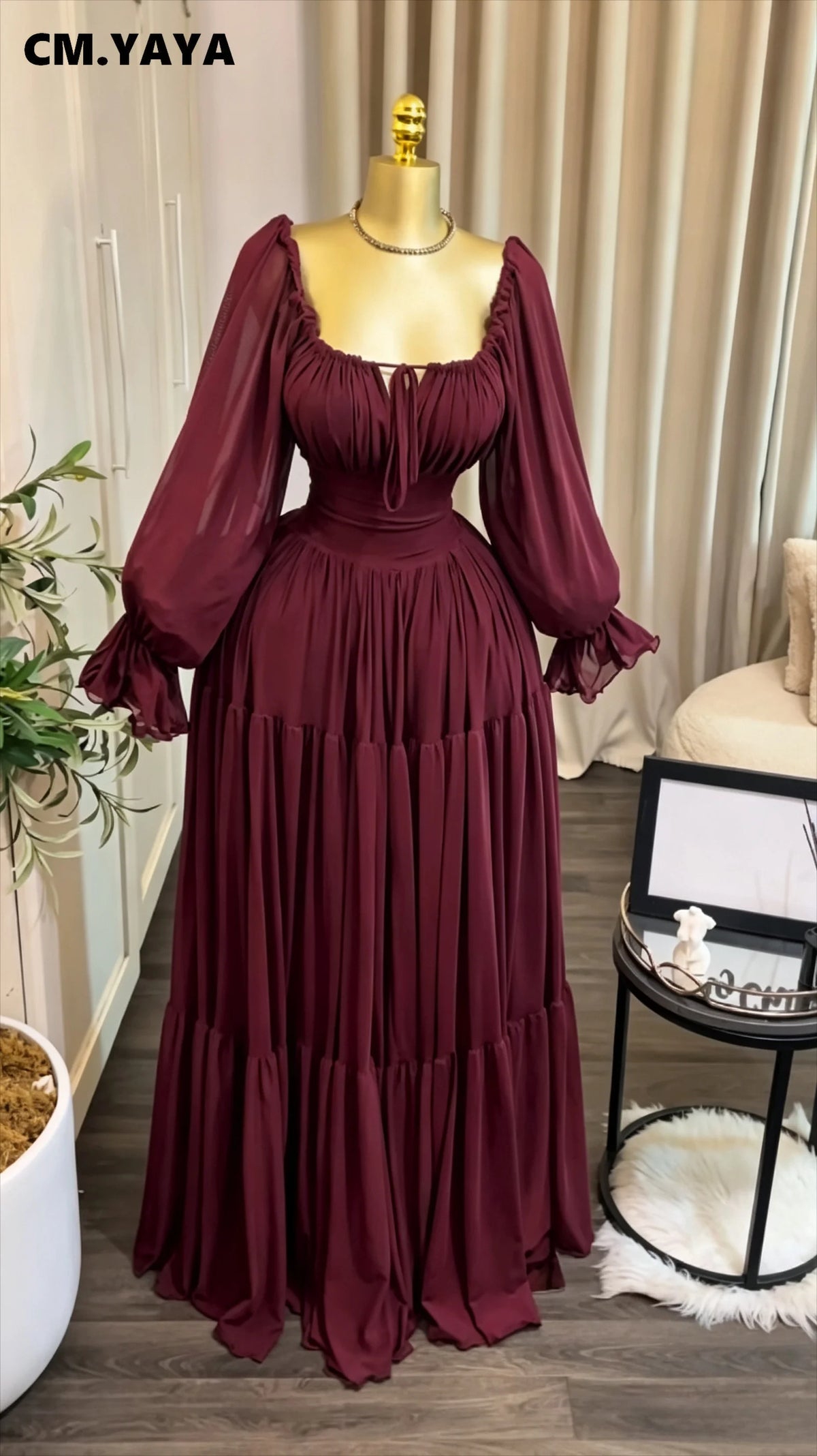 CM.YAYA 2026 Fall Winter Women Long Sleeve Slash Neck Long Maxi Dress Slim Evening Birthday Trendy Sexy Vacation Party Dresses