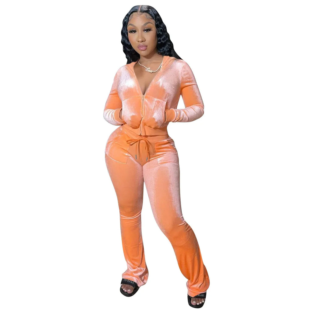 Hot Sale Fall Women's hoodie Set Zipper Pocket Crop Top Jacket Velvet Jogging suit Velour tracksuits Women Two Piece set