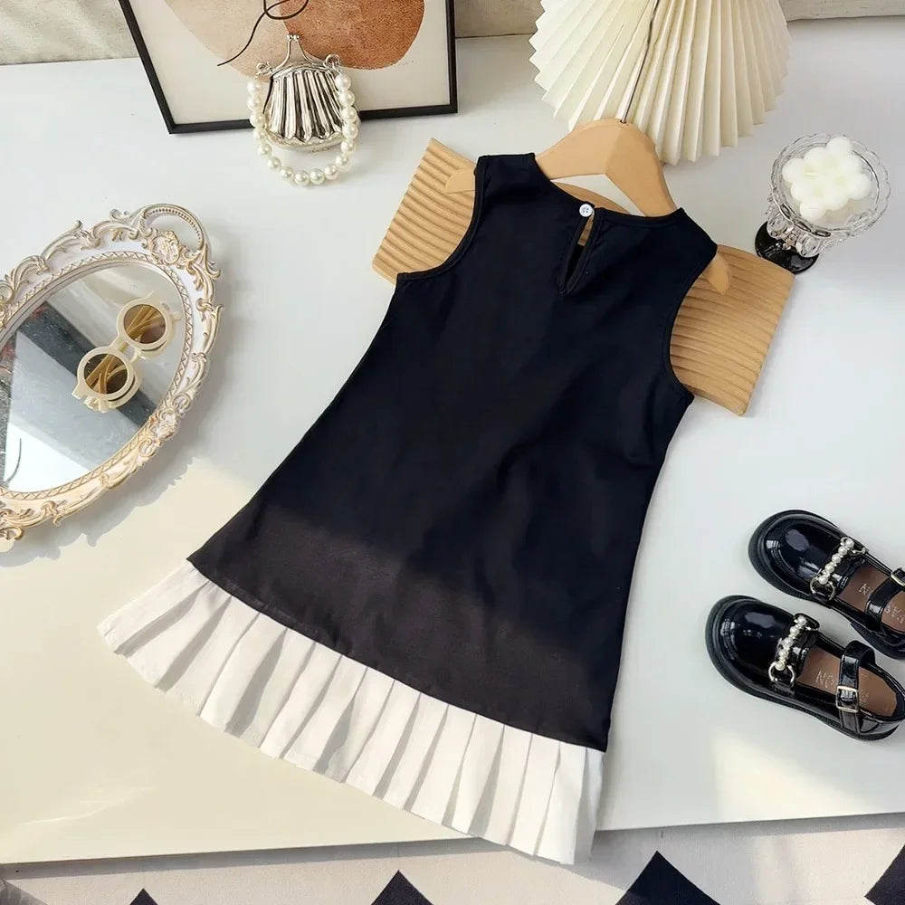 Black Bow Decoration Girls Dress Summer Sleeveless Princess Dresses Color Blocked Children's Clothing 3 To 7 Years Wear