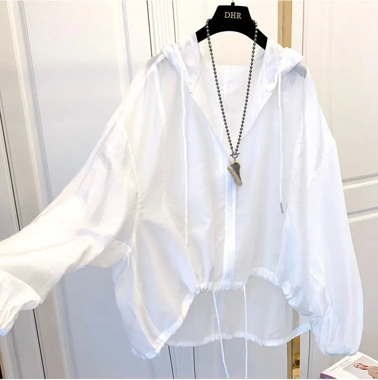 Women Hooded Jackets Summer Sun-proof Zipper Coats Thin Loose See Through Outerwear Breathable Outwear Lightweight Clothes White