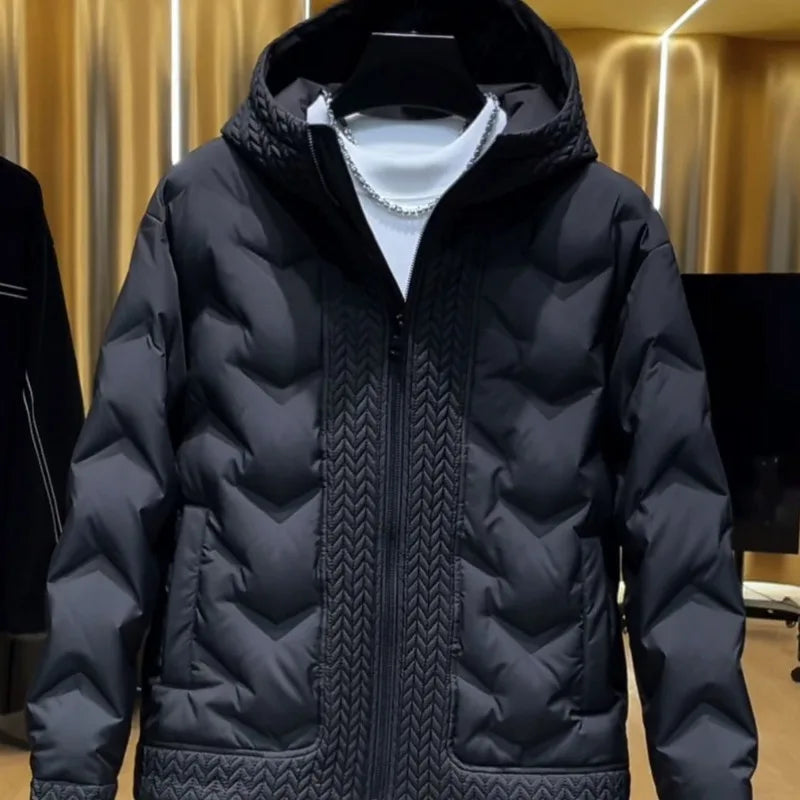 Men's Autumn Winter Hooded Coat Patchwork Cotton Jacket Fashion Versatile Warm Parkas with Wheat Spike Design