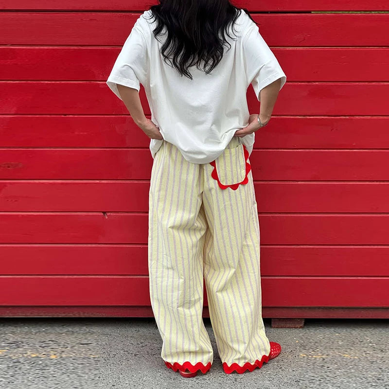 Striped Women's Trousers Low Waist Tie Casual Pants Vertical Stripe Floor Length Pants Daily Fashion Wear 2026 Collection
