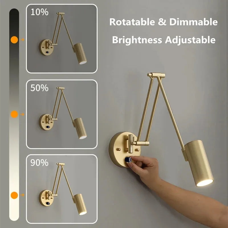 Led Dimmable Wall Lamp Bedroom Bedside Reading Light Folding Telescopic Switch Modern Creative Study Rocker Wall Light Fixture