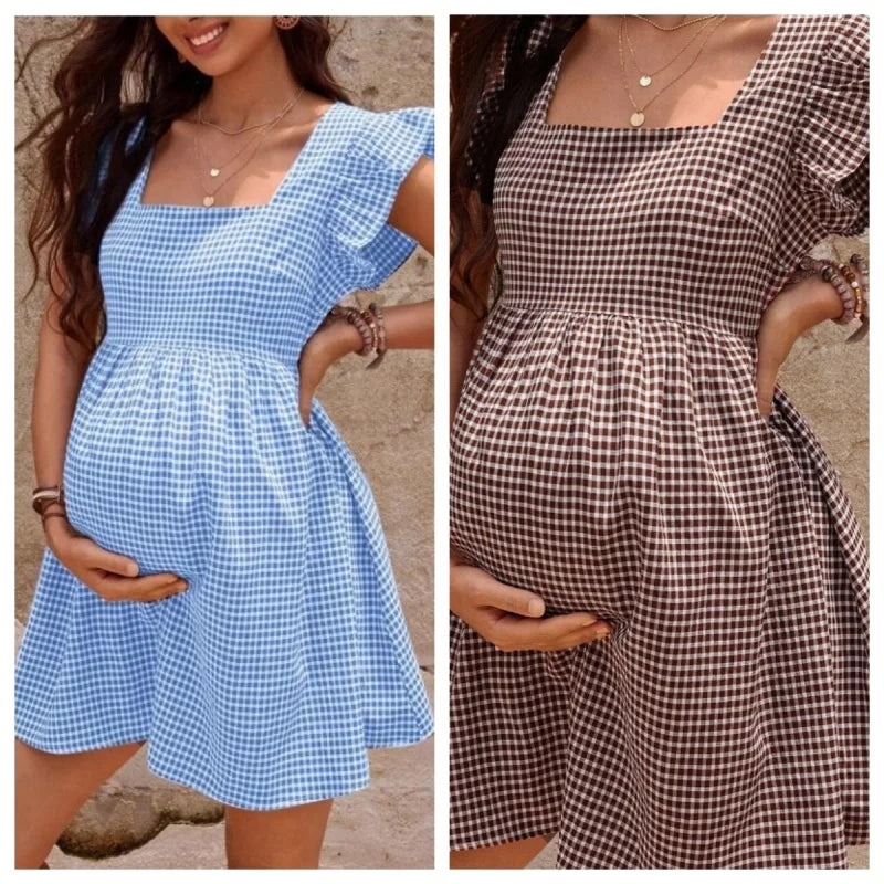 European and American Maternity Clothing Plaid Short Sleeved Fashionable Maternity Dress Summer Casual Short Maternity Dress
