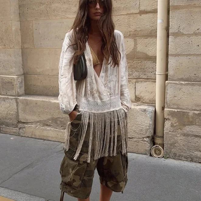 Beige Embroidered Long Tunic Top V Neck Long Sleeve Lace Fringe Hem Boho Blouse 2026 Summer Beach Vacation Cover‑up Streetwear