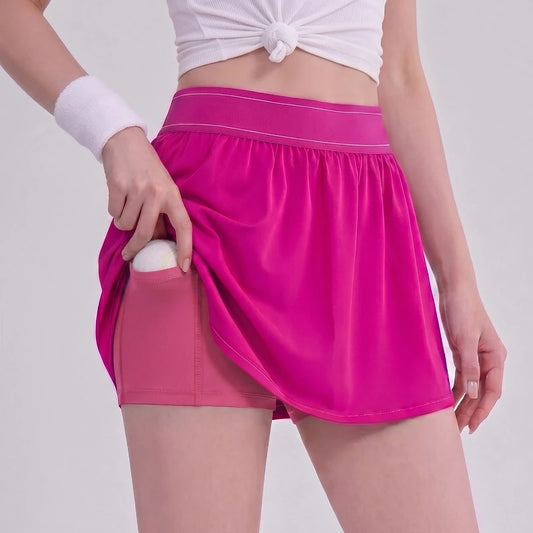 Summer Running Fitness Tennis Skirt Elasticity High Waist False Two-piece Sports Skirt Solid Color Yoga Pilates Golf Skirt Pants