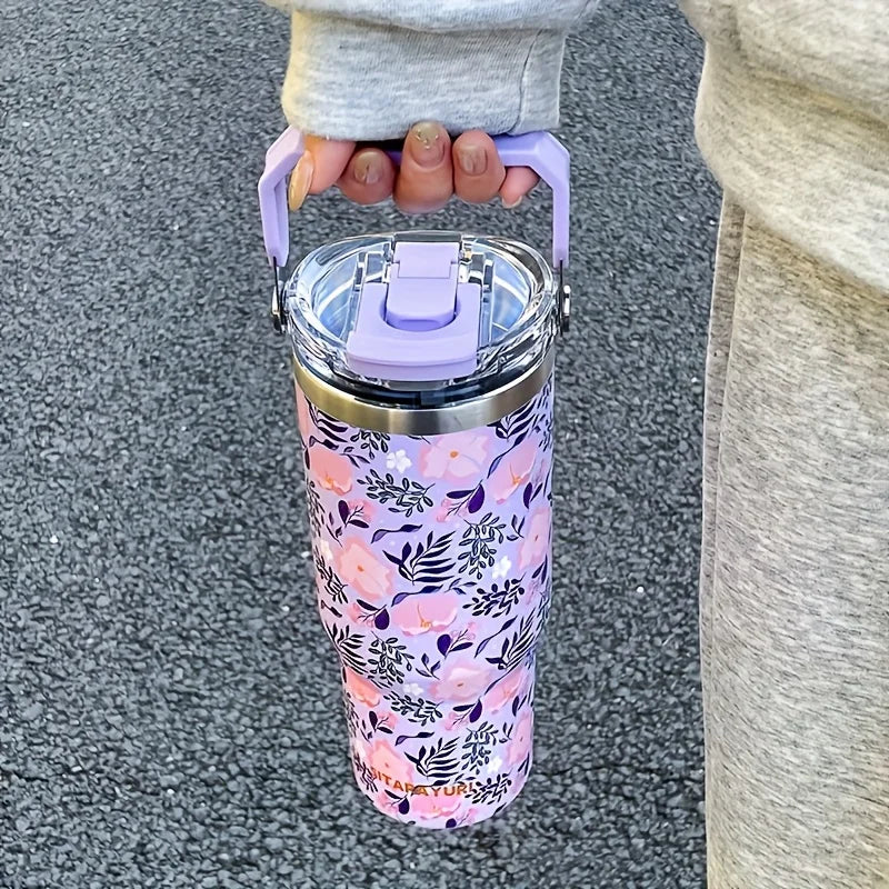 1pc Lightweight Luxury Floral Stainless Steel Thermos Flask 900ML Large Capacity Outdoor Water Bottle with Straw and Handle